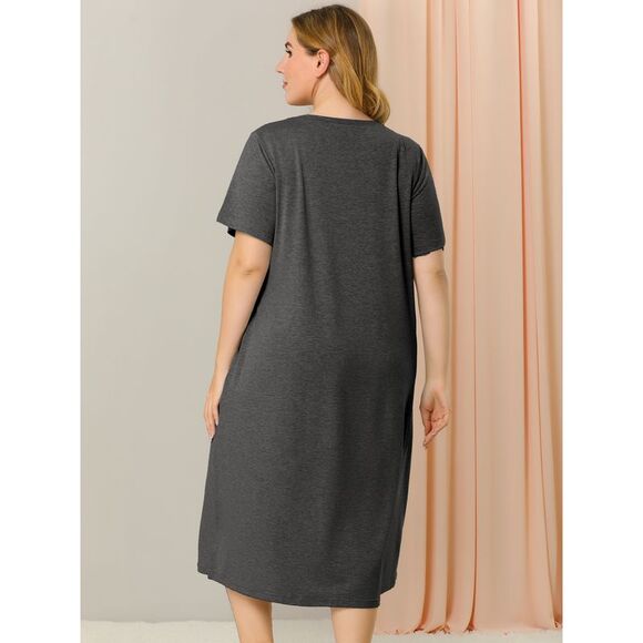 Women's Plus Size Nightgown Pajamas Pockets Cute Cat Sleepwear Dark Gray - Picture 5 of 6